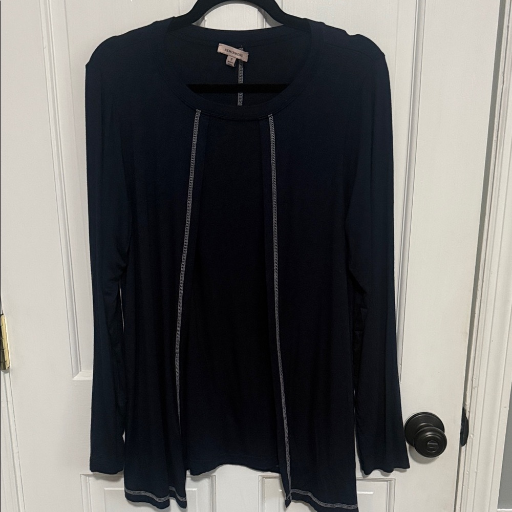Long Sleeve Navy Open-Front Tunic with Contrast Stitching